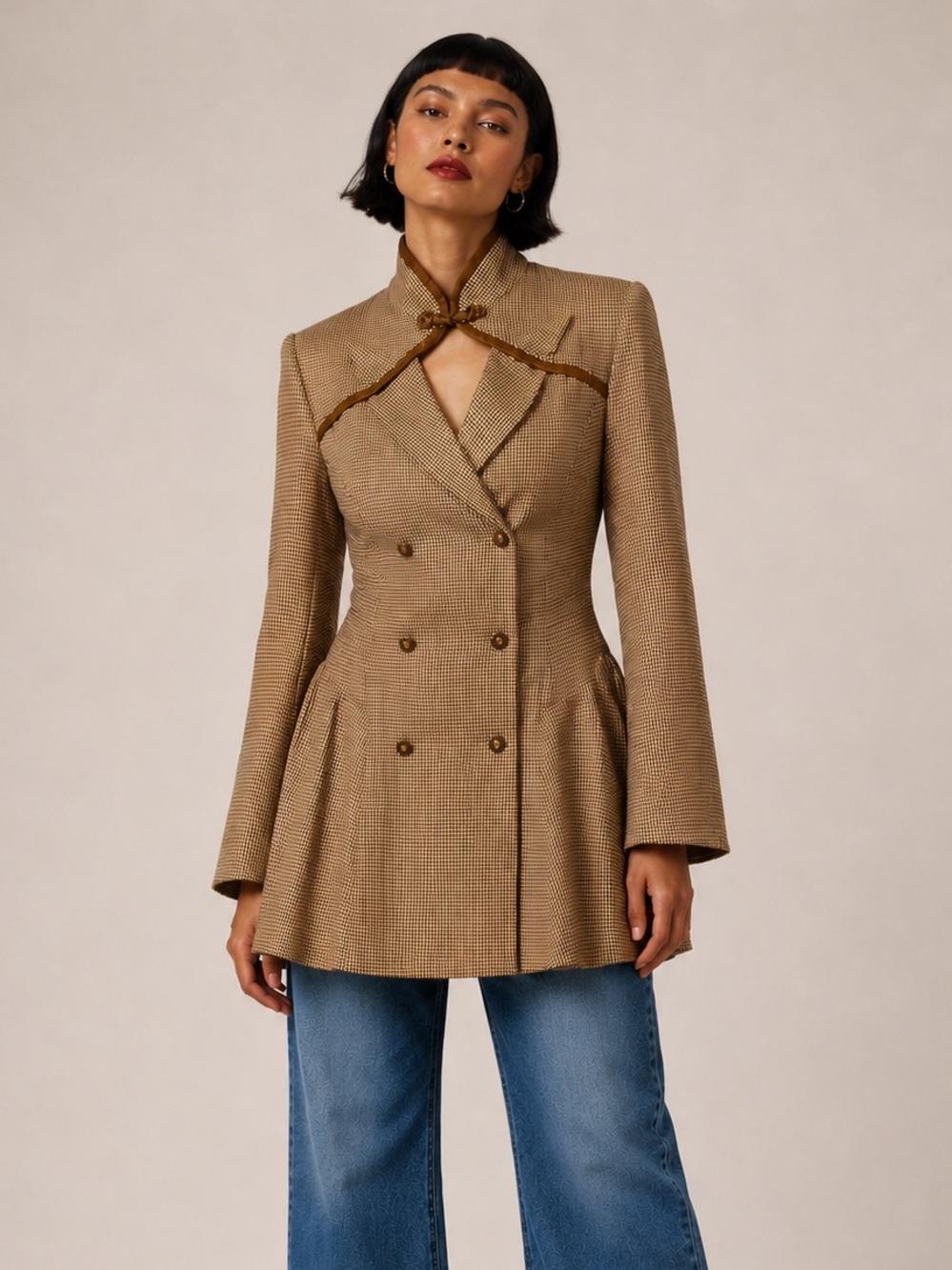 Coco jacket dress tunic.  Double breasted, faux leather trim. Frog closure- S